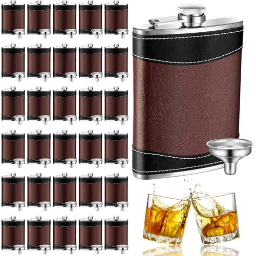 Rtteri 30 Set 8 oz Leather Hip Flasks for Liquor for Men Leak Proof Stainless Steel Drinking Flasks with Funnel Soft Wrap Whiskey Vessels for Wedding Bridesmaid Christmas Gifts (Brown)