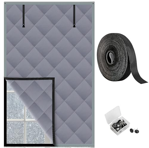 Nkiy Quen 3-lagige Winter-isolierte Fensterabdeckung, Oxford-Fensterdecke mit Verschluss, 160 x 99 cm, graues Fensterisolierungs-Set für den Winter, hält warm