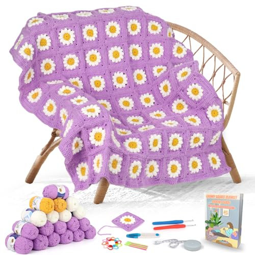 Aeelike Granny Square Decke Häkelset für Anfänger Kinder, Starter Häkelset mit Häkelnadeln 4,5mm 4,0mm, 5 Ply Häkelgarn, Zubehör, Häkel Set mit Schritt-für-Schritt-Anleitung, Helllila Gänseblümche