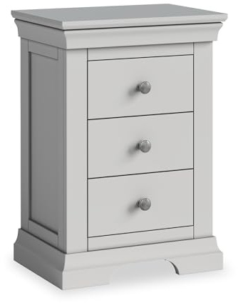 RoselandFurniture Colette Grey 3 Drawer Bedside Table | Fully Assembled | Solid Wooden Night Stand Cabinet with Plinth Base, Painted Pine, French Style, H60cm W42cm D32cm