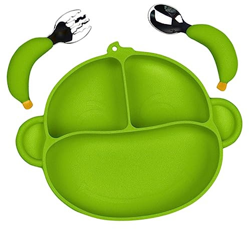 ibasenice Kleinkind Teller Silikon Serviertablett Jungen und Mädchen Teller Löffel Bananenform Geschirr Set