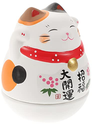 Cabilock Japanische Weiße Keramik Winkekatze Mit Schwarzem Ohr Langlebiges Cat Tumbler Ornament Standsichere Desktop-Dekoration Kreatives Glückskatze Modell Für Wohn Arbeitsräume