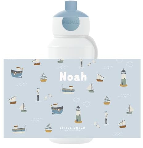 Mepal Little Dutch Trinkflasche Pop-up Campus - Personalisierte Wasserflasche mit Namen für Kinder - Auslaufsichere Flasche für Schule - BPA-frei & Spülmaschinenfest - 400 ml - Sailor Bay