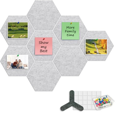 ANLIOTE 8 Pack Hexagon Felt Cork Board, 12mm Thick Felt Bulletin Pinboard with 80 Push Pins, Adhesive Tabs, Geometric Cork Wall Tiles for Photos, Memos, Home & Office Decor (Light Grey)
