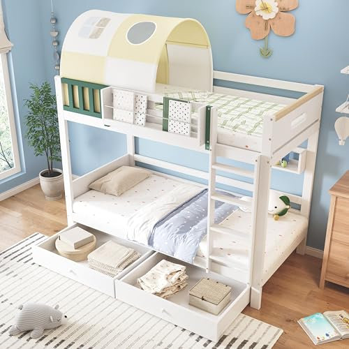 Doyisy Etagenbett, Hausbett, Kinderbett, Oberes Etagenbett mit kleinem Zelt, mit Fallschutz und Gitter, Mit vierstufiger Leiter, Zwei Schubladen mit Rollen, Kiefer+MDF, Weiß+Gelb Grün, 90x200cm