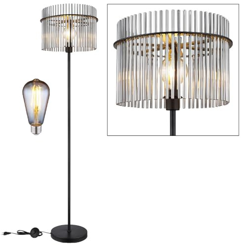 Stehlampe Retro Stehleuchte rauch Glasstäbe Wohnzimmerlampe schwarz Vintage Schlafzimmerleuchte, Metall, 1x LED 7W 720Lm warmweiß, DxH 38 x 152 cm