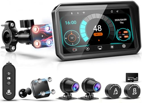 LBW Motorcycle Carplay Screen with HD 1080P Dual Dash Cam, Wireless Car Play and Android Auto, 6 Waterproof Navigation Touchscreen, Quick Takedown & Magnetic Mount, Loop Recording, Wired Controller