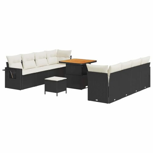 vidaXL 11-teiliges Garten-Sofa-Set mit Kissen, schwarz, aus Poly-Rattan und cremeweiß, 6-Sitzer, modulares Patio, Bequeme Sitzgelegenheit für Terrasse und Lounge