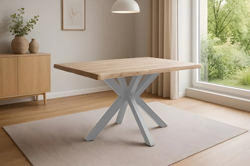 SAM Esstisch Harley | 120 x 80 cm | Akazienholz massiv | Farbe: Natur lackiert | echte Baumkante | Spider-Gestell Metall Silber | pflegeleichter Baumkantentisch/Esszimmertisch/Küchentisch