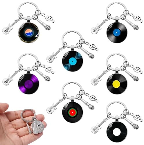 Rebanky 7 Porte-Clés Vinyle Musique, Guitare et Micro, Style Rétro | Pendentifs Vinyle pour clés, Sacs et Sacs à dos; Cadeaux pour DJ, Musiciens, Chanteurs et Amateurs de Disques