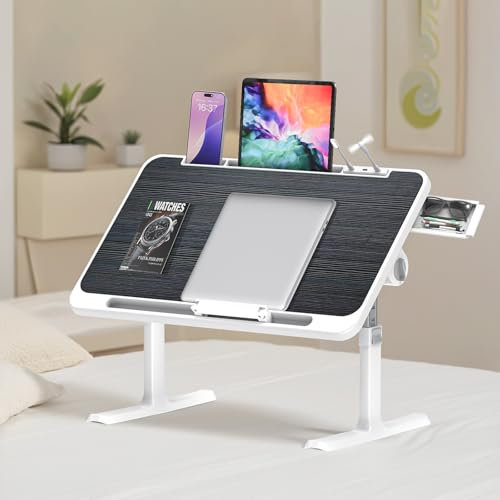Ferghana Table de lit à Hauteur réglable,Tavolo pieghevole per Laptop,Bureau Portable Pliable - Table Pliante pour canapé,Sol,lit,extérieur (Tiroir + Petit Ventilateur + LED, Noir brossé)