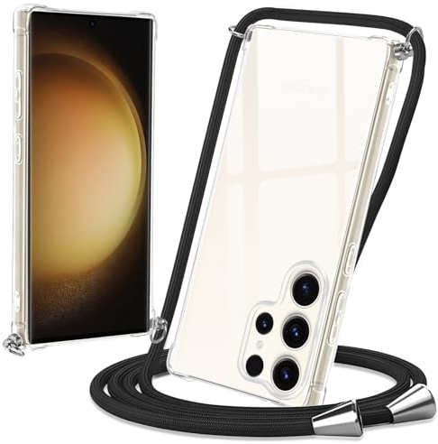 Micnkifo Handyband Hülle mit Band für Samsung Galaxy S23 Ultra, Necklace Handyhülle mit Kordel Schutzhülle für zum Umhängen, Transparent TPU Case Stoßfest Kratzfest Silikon Cover mit Kette, Schwarz
