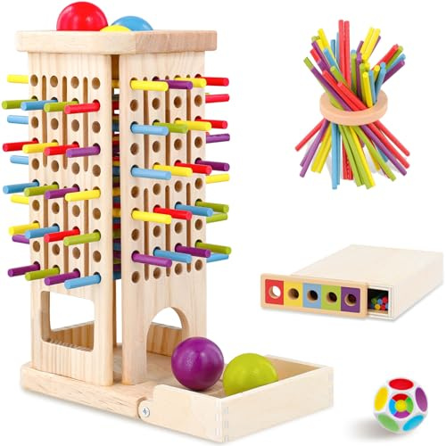 BLUESEABUY 3-in-1 Montessori Brettspiel aus Holz mit 40 Stäbchen Farbwürfel Balance Spiel Feinmotorik Logisches Denken Reisespiel Mit Aufbewahrungsbox Geschenk für Kinder ab 3 Jahre