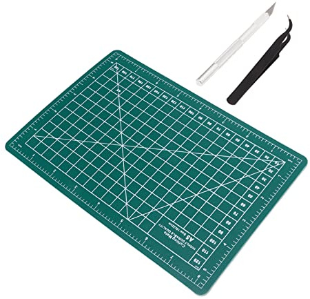 Qcwwy Näh-Schneidematte, Selbstheilende Schneidematte Im A5-Format mit Bastelmesser, Pinzette, Doppelseitiges Gitter Zum Nähen, Quilten, Scrapbooking, Wasserdichte PVC-Matte für Stoff, Papier, Leder,