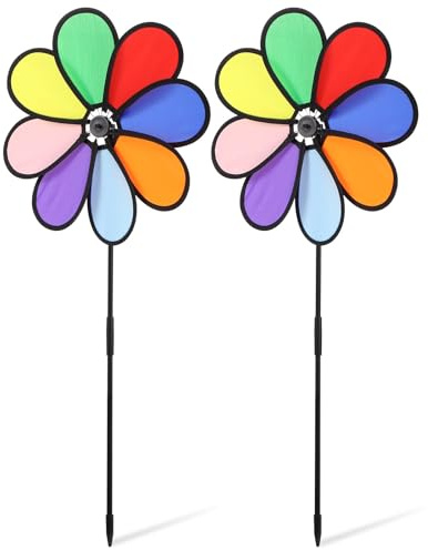 Bunte Blumen Windräder 2 Stück aus Kunststoff für Garten | 30cm, Acht Stoffsegmente, Automatische Drehung bei Wind, Farbstabil, Leicht Montierbar und Abnehmbar