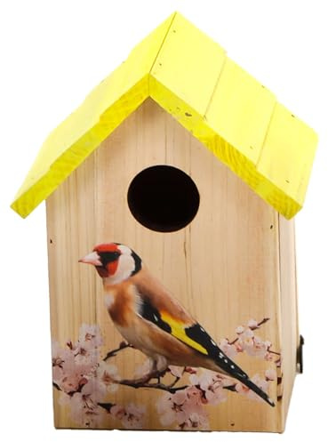 Vogelhaus/Nistkasten aus Holz zum Hängen oder Stellen, für kleinere Vögel wie Spatzen, Meisen etc., seitlich zu öffnen, rundes Einflugfenster Ø ca. 3,2 cm, fest verschraubter Aufhänger (Gelb)