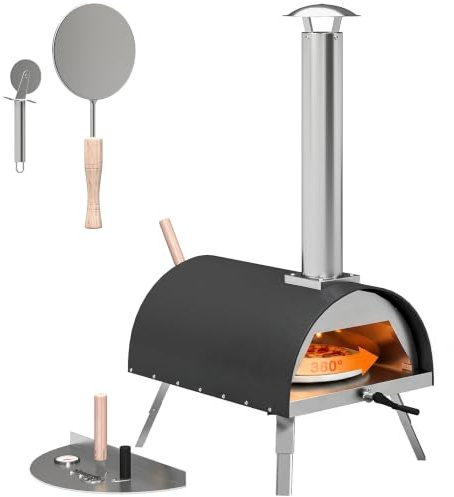 Outsunny 12 Four à pizza pour table avec pierre rotative, thermomètre | Fabrique à pizza portable à granulés de bois, cheminée amovible, pelle, pieds pliables, gril inox, pour fêtes extérieures
