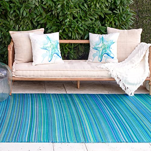 FAB HAB Outdoor-Teppich - Wasserdicht lichtecht knitterfrei - Recycling-Kunststoff - Gestreift - Große Terrasse, Deck, Sonnenzimmer, Camping, Wohnmobil - Cancun - Türkis & Moosgrün - 180cmx270cm