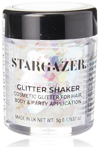 Stargazer Chunky Glitter Shaker, UV White. Cosmetic glitter for use on the eyes, lips, face, body, hair and nails.