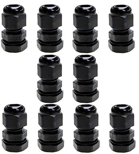 10 Pack Black M12 12mm TRS Stuffing Compression Glands for 3-6.5mm Cable, Waterproof IP68 with Locknut and Washer