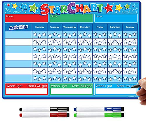 TMS Reward Chart for Children | Magnetic Star Chart for Recognising and Inspiring Good Behaviour in Toddlers and Kids, Boys and Girls | Includes 4 Magnetic Coloured Dry Wipe Pens (Blue)