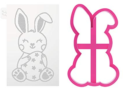 LissieLou Cortador de galletas y relieve de conejo de Pascua, sello de glaseado de Pascua, color rosa claro y transparente