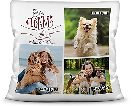 PfotenSchild Kissen mit Füllung - Fotocollage - EIN perfektes Team - Hundecollage - mit DREI Fotos und Wunschtext selbst gestalten Weiß, 40 x 40 cm