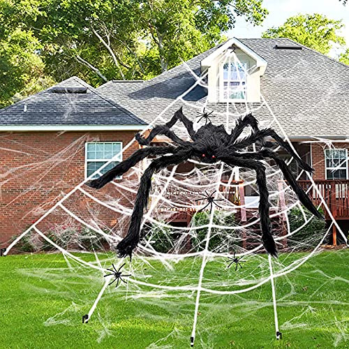 Halloween Deko Outdoor Spinne Groß, 700cm+550cm Riesige Spinnennetz, Elastizität Spinnennetzen, Dreieckiges Riesen Spinnennetz, Garten Gruselig Spinnennetz Groß Set, für Halloween Garten Party