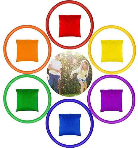 12 Stück Wurfspiel Sets, 6 Nylon Sitzsäcke und 6 Kunststoff-Ringe, Mehrfarbig, Spaß, Werfen, Karneval, Partyzubehör, Familiensport, für Kinder, Teenager, Erwachsene, drinnen und draußen