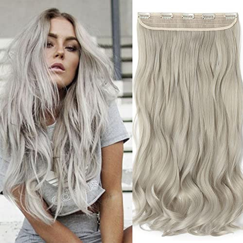 SEGO Clip in Extensions 60cm lange 3/4 voller Kopf Haarverlängerung Haarteil Gewellt 1 Tresse naturliche für Mädchen Aschblond Mix Silbergrau