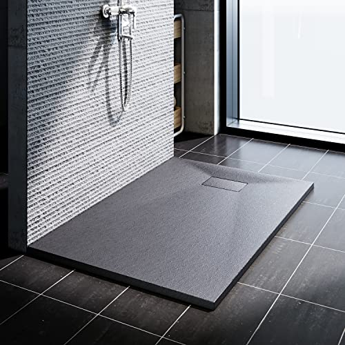 SONNI Receveur de douche 160 x 90 cm - Gris aspect ardoise et structure antidérapante - Avec siphon