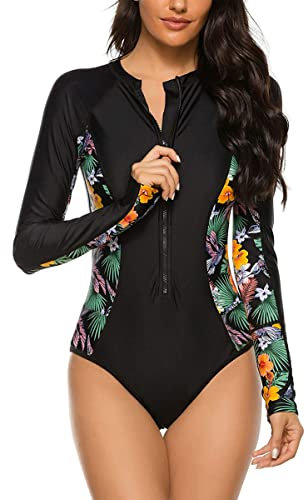 Ruuione Women's One-Piece Long Sleeve Sports Surfing Swimsuit Chest with Zip Swimwear(L,3Jungle)