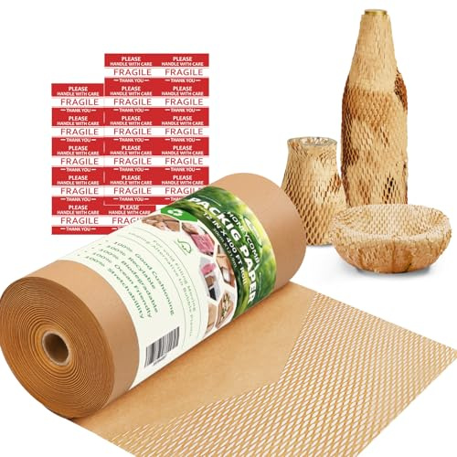 Wabenverpackungspapier, 30,5 cm x 122,4 m, Wabenpolsterung, Rolle für Umzug, Versand, Verpackung, Geschenke, recycelbares Wabenpapier, Blasenpapier mit 20 zerbrechlichen Aufkleber-Etiketten