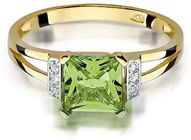 MARKO Damen goldring aus Gelbgold für Damen mit 1,10 Karat Olivin und 0,03 Karat Diamanten Ring 14 Karat Gold (585) Goldring mit Box | Goldring für Fraue (Olivin, 58 (18.5))