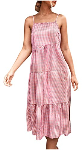 RKaixuni Robe d'été décontractée à carreaux vichy avec bretelles spaghetti, nuisette à volants pour femme, rose, M