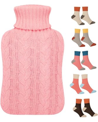 2L Hot Water Bottle with Cover UK & 5 Pairs of Warm Comfy Wool Socks - Natural Rubber 2 Litre Inc x5 Pairs Ladies Winter Socks Size UK 4-7 (Cream Bottle with Pink Cover) (0058)