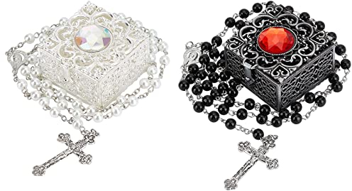 WEBEEDY 2pcs Ensemble de Chapelet, Chapelet Perles Croix Collier Catholique avec Boîte à Bijoux, Cadeaux de Première Communion pour Garçons Filles Baptême Party Favors