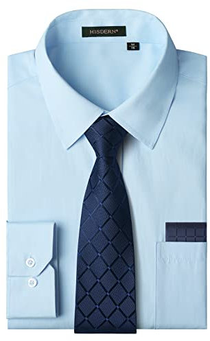 HISDERN Camisa Hombre Azul Manga Larga Formal Camisas y Corbata Elegante Camisa de Vestir de Negocios Boda con Bolsillo Regular Fit M