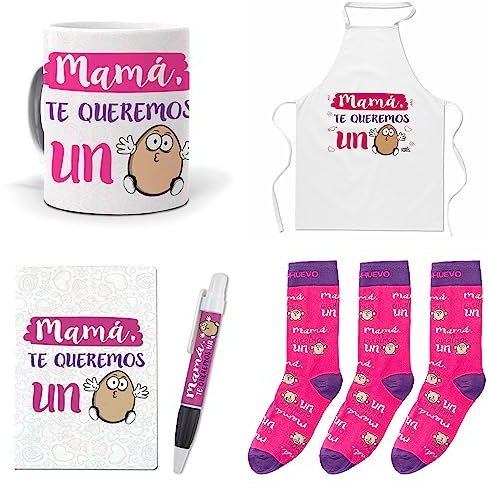 mundohuevo Que Regalar para Mamá. Mamá te Queremos un Huevo. Taza,Delantal, libreta, boli y Trio de Calcetines