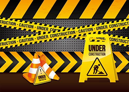 BELECO 2.5x1.8m Stoff-Hintergrund „Im BAU“, Baustellen-Banner-Hintergrund, Schwarze und gelbe Warnlinien, Bauthema, Geburtstagsparty-Dekoration, Kinder, Jungen, Portrait-Foto-Requisiten