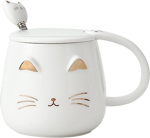 lachineuse - Tasse Chat Kawaii 450ml - Mug Chat avec Couvercle & Cuillère - Coloris Blanc & Or en Céramique - Mug à Infusion Thé Café - Tasse Originale Japonaise - Idée Cadeau Japon Asie Kitty Mignon