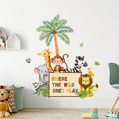 Supzone Wandtattoo Dschungeltiere Elefant Giraffe Löwe Affe Wandaufkleber Wo die Wilden spielen Wandsticker Dschungel Jungenzimmer für Kinderzimmer Babyzimmer Schlafzimmer Spielzimmer Wanddeko