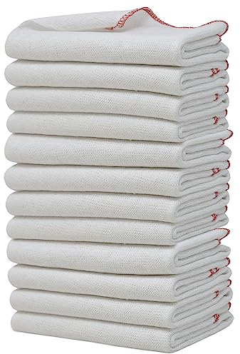 Towelogy Jumbo Dish Cloths for Washing Up | Cotton Set of 12-38 x 45cm (White/Red Edges)