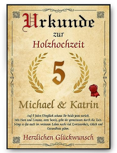 Personalisierte Urkunde zum 5. Hochzeitstag Geschenk zur Holzhochzeit | Holzhochzeit Karte Personalisiert mit Namen | 5. Jahrestag Geschenkidee Deko DIN A4