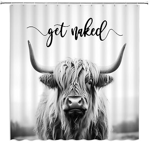 ZWSMZW Duschvorhang, Motiv: Highland Kuh, rustikal, Rinder, Stier, Westerntiere, wildes Tier, Get Naked Country, Bauernhaus, lustige Hütte, Badezimmer, Dekoration, Stoffvorhänge mit Haken