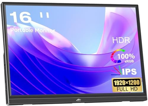 Portable Monitor 16 Inch Kenowa Full HD 1920x1200P Laptop Monitor with USB Type-C/HDMI Port Computer Display HDR External Screen for Laptop/Computer/Mac/PC/Phone/Xbox/PS4,Built-in Speakers
