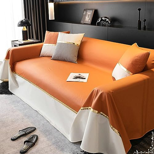 Mesnt Sofabezug Recamiere, Chenille Couchschutz für Haustiere mit Zweifarbige Nähte Orange Weiß, 180x300CM