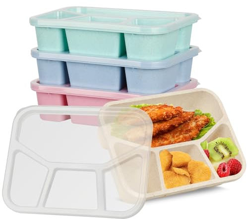 Voency 4 Pack Bento Lunch Box, 4 Compartments Snack Lunch Container, Reusable Divided Food Storage Box with Transparent Lids, Stackable Snack Box for School Work Travel