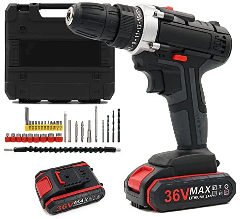 SANON Electric Screwdriver, 36V Cordless Power Drill Driver, Lithium Ion Drills Driver Screwdriver Set, Rapid Drilling, Rechargeable Battery, with LED Work Light, 1H Fast Charging