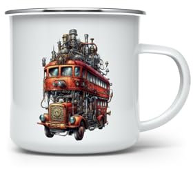 MAXIKIWI Langlebiger Emaille-Kaffee- oder Tee-Campingbecher für drinnen und draußen, Steampunk-Fahrzeug, 350 ml
